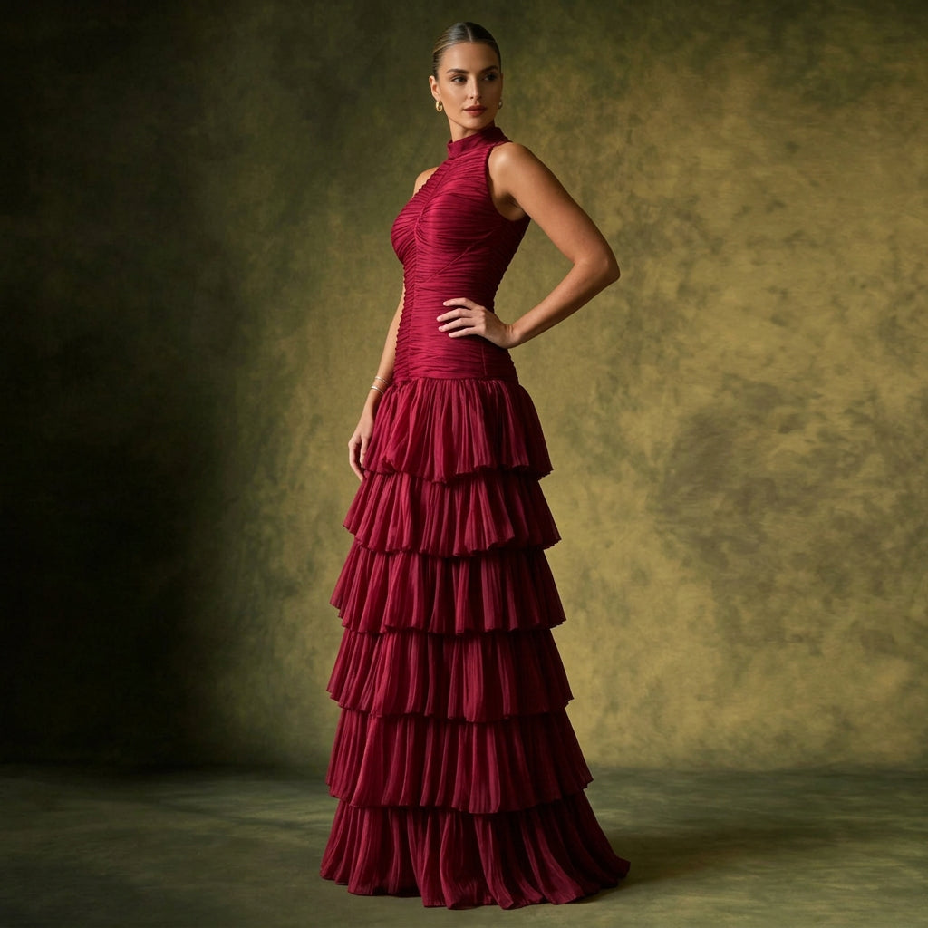 Halter Neck Ruched Evening Gown with Cascading Ruffles