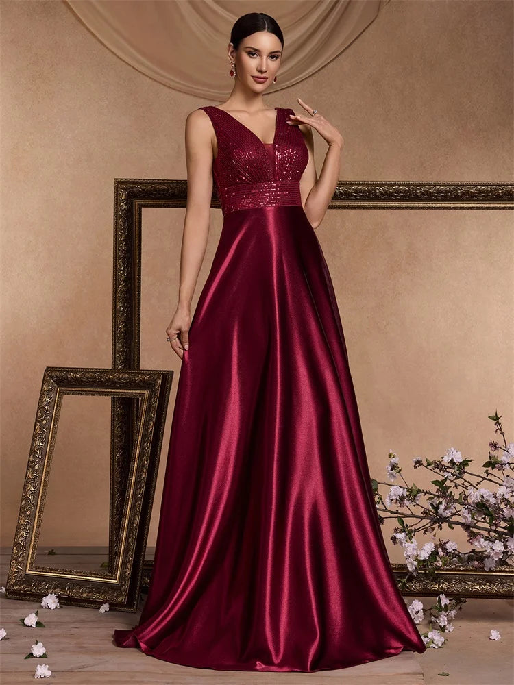 Sequin Bodice Evening Gown with Deep V-Neck and Sweeping A-Line Skirt