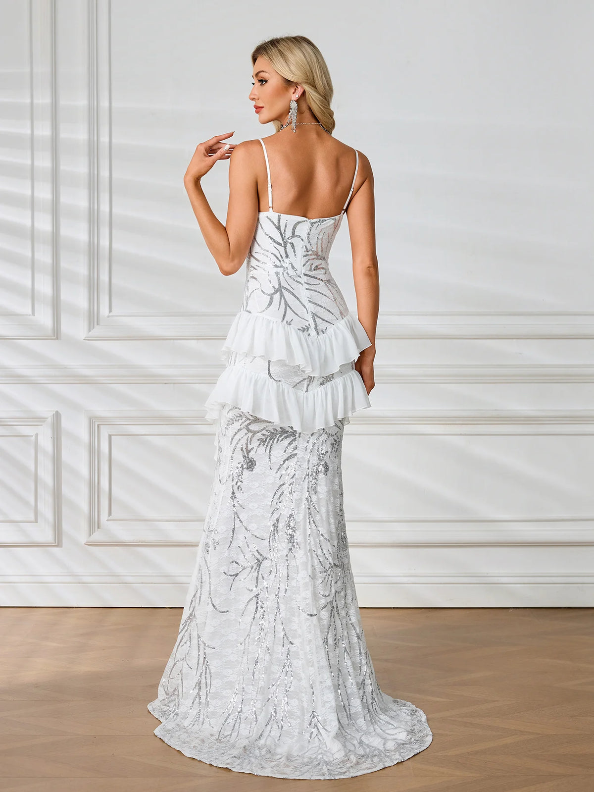 White Sequin Gown with Delicate Straps and Split