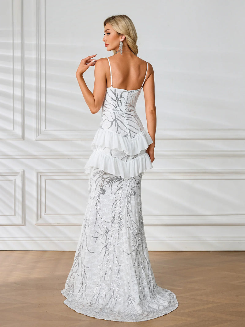 White Sequin Gown with Delicate Straps and Split