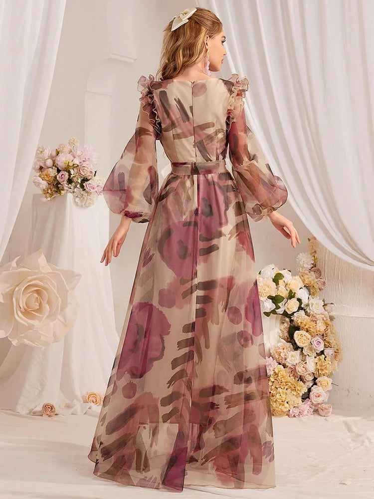Painterly Floral Maxi Dress with Lantern Sleeves