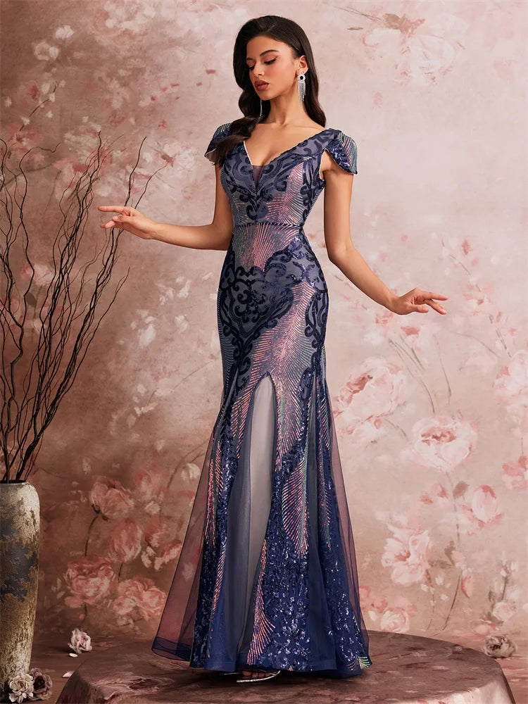 Art Deco-Inspired Sequin Gown with V-Neck and Cap Sleeves