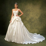 Strapless Pleated Satin Bridal Gown with Statement Bow and Sweep Train