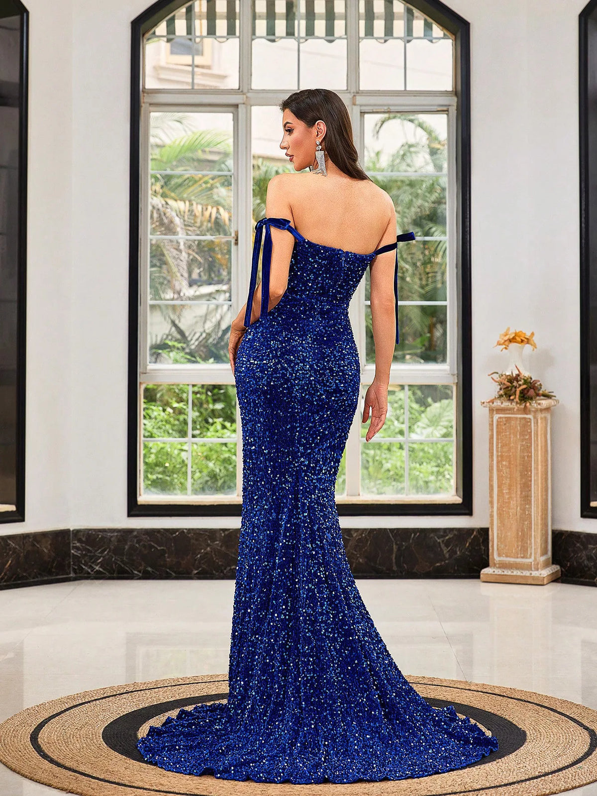 Blue Sequin Sheath Gown with Evening Split