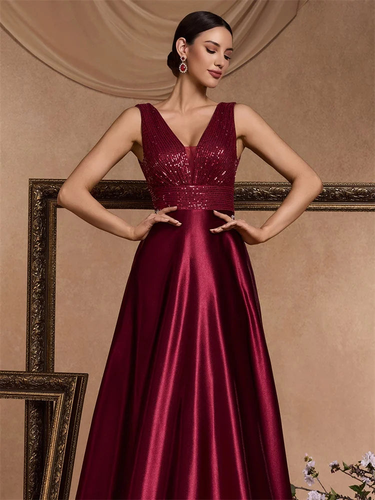 Sequin Bodice Evening Gown with Deep V-Neck and Sweeping A-Line Skirt