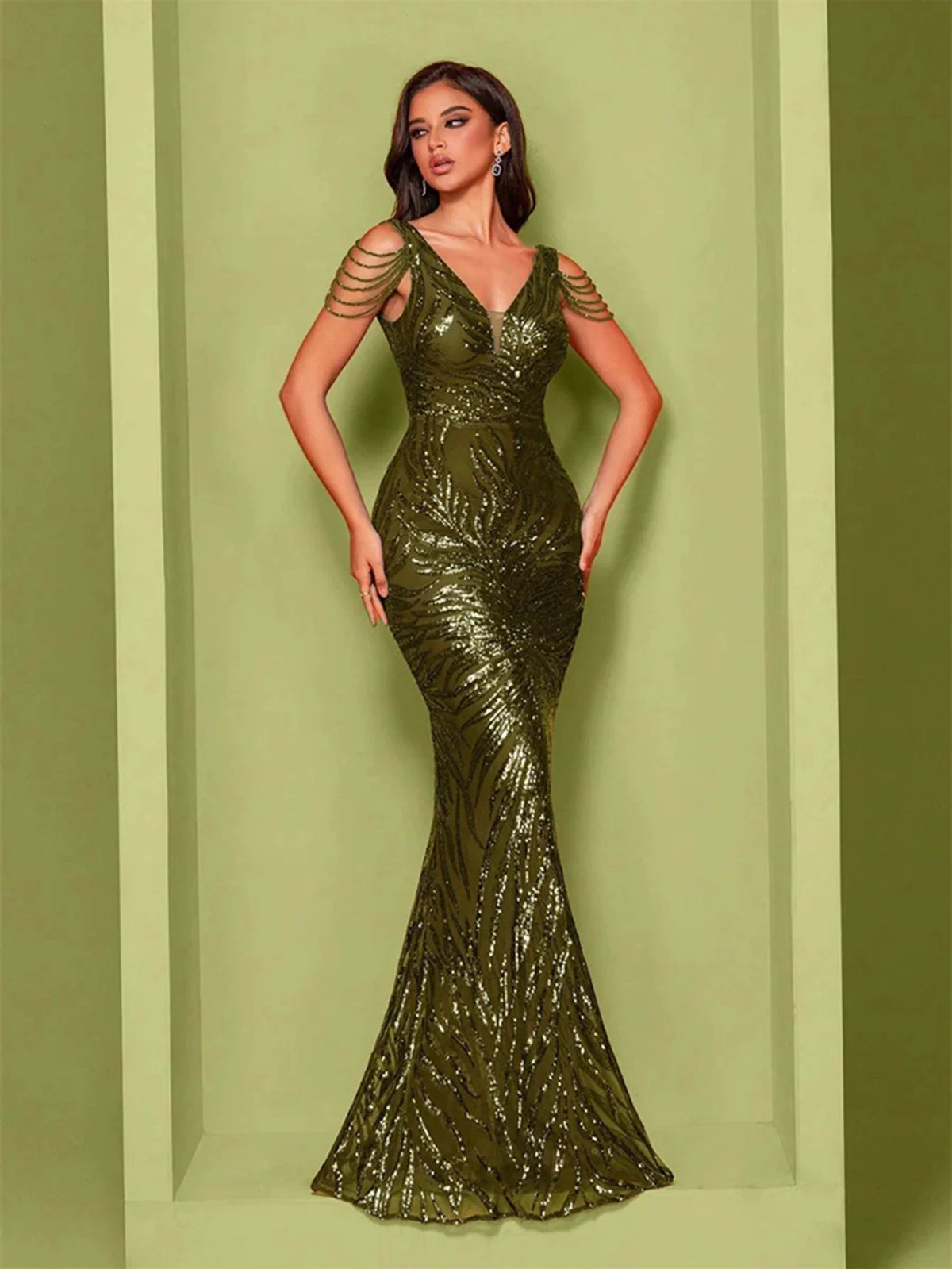 V-Neck Sequin Mermaid Gown with Draped Shoulder Strands