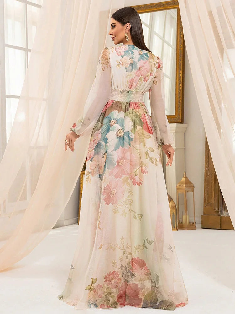 Pastel Floral V-Neck Maxi Dress with Lantern Sleeves
