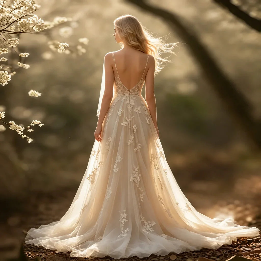 Back-view bridal photo with watermark removal in progress