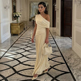 Beige One Shoulder Maxi Dress with Soft Ruching
