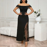 Black Sequin Maxi Dress with Sculpted Ruching, Mesh and Lace