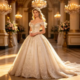 Off the Shoulder Sweetheart Lace Bridal Gown with Train