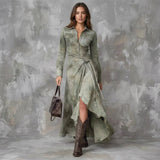 Long Sleeve Shirt Dress with Ruffled High-Low Hem
