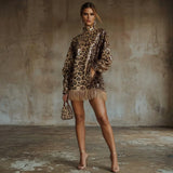 Leopard Sequin Mini Dress with Mock Neck and Fringe Hem