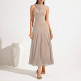 Crossed Halter A-Line Maxi Dress with Open Back