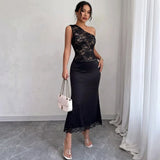 One Shoulder Lace-Trimmed Midi Dress with Split Detail