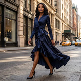 Belted Wrap-Style Maxi Dress with Ruffled Hem