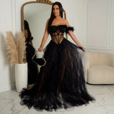 Feathered Corset Gown with Tiered Tulle Skirt