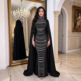 Rhinestone Cape Maxi Dress with Flared Sleeves and Split