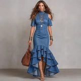 Cold Shoulder Mock Neck Maxi Dress with Ruffled Hem