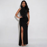 Black Ruched Rhinestone Maxi Dress with Sleeveless Cut and Split