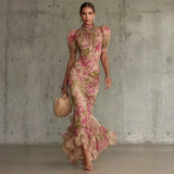 High-Neck Floral Maxi Dress with Puff Sleeves and Ruffles