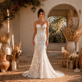 Strapless Floral Lace Mermaid Bridal Gown with Corset-Style Bodice and Court Train