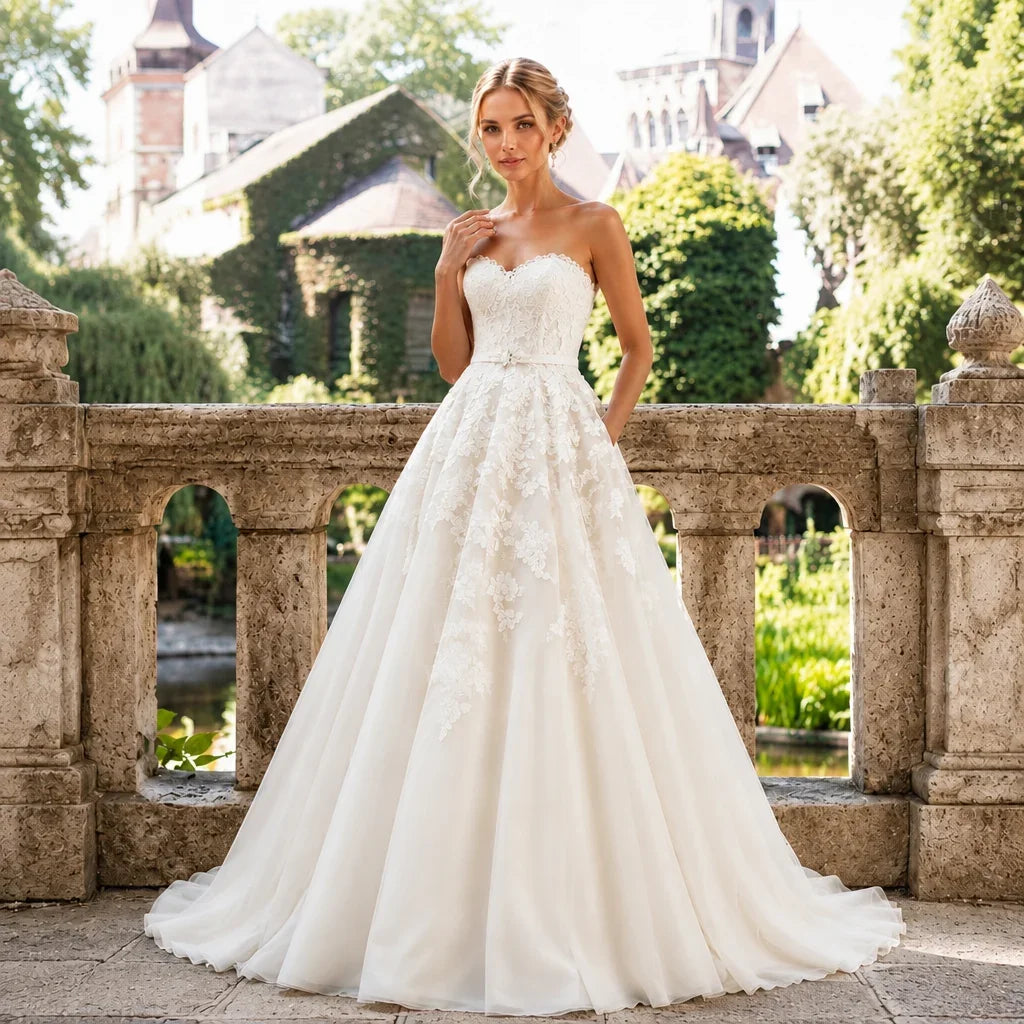 Strapless bridal gown photo with watermark removal in progress